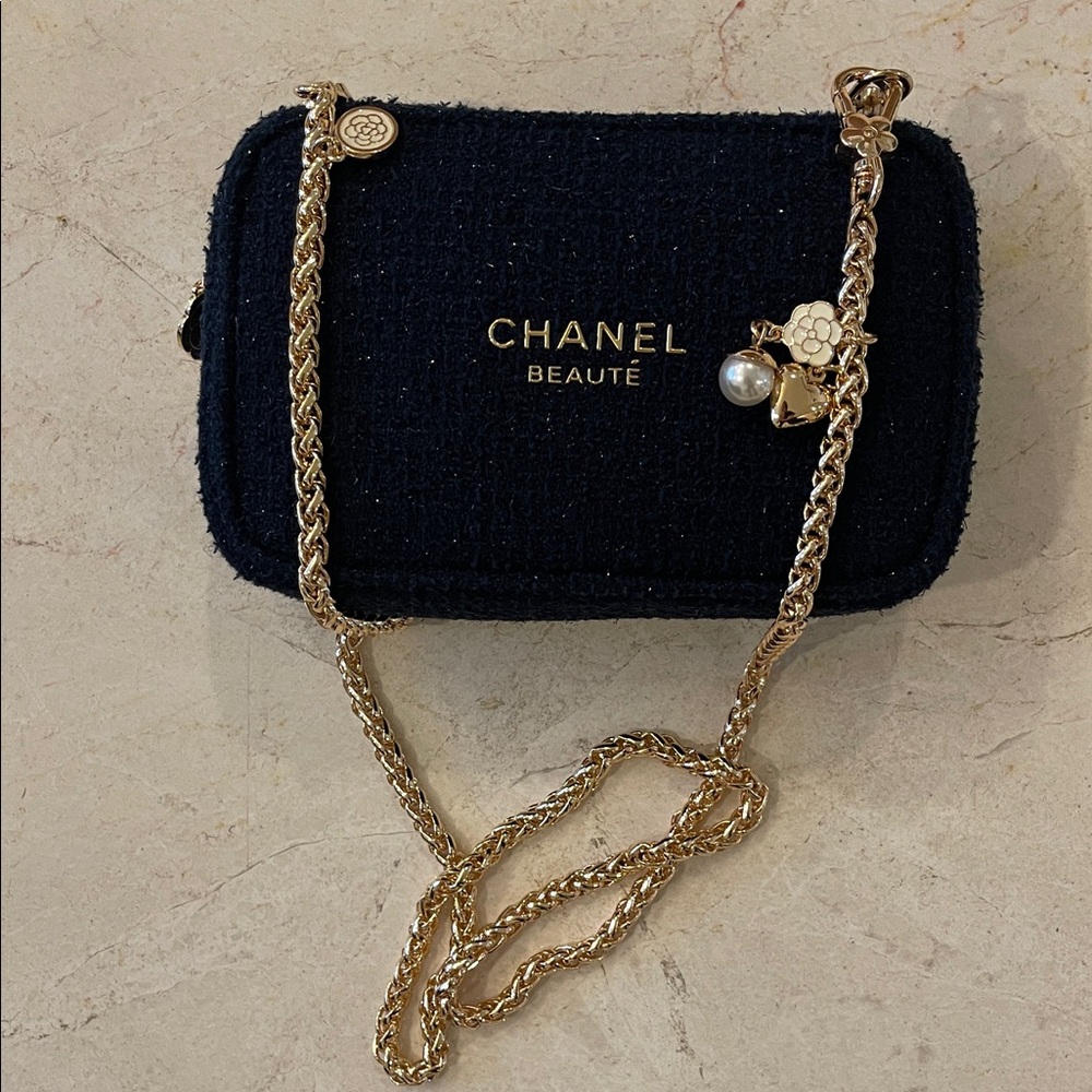Chanel Tweed  Navy Cosmetics Bag with Charm Gold Chain